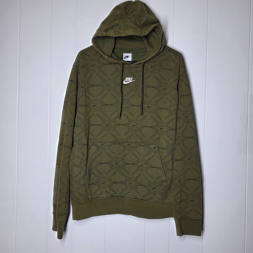 Nike All Over Print Swoosh Hoodie Olive Green Mens Medium Geometric Pullover